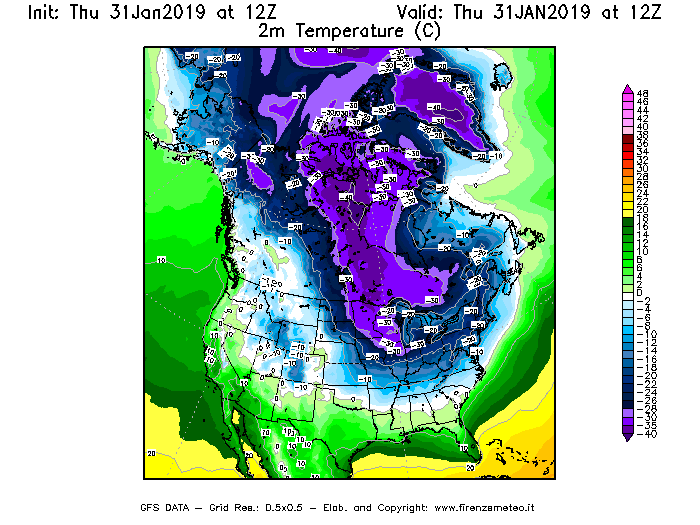 Mappa di analisi GFS - Temperatura a 2 metri dal suolo [°C] in Nord-America
							del 31/01/2019 12 <!--googleoff: index-->UTC<!--googleon: index-->