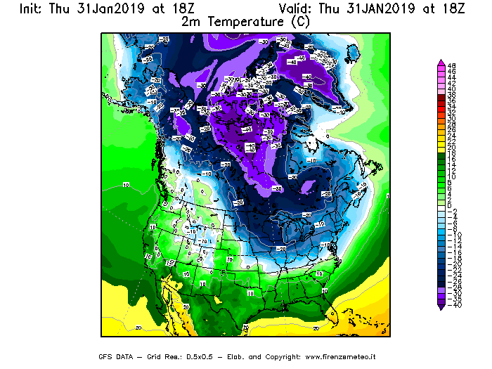 Mappa di analisi GFS - Temperatura a 2 metri dal suolo [°C] in Nord-America
							del 31/01/2019 18 <!--googleoff: index-->UTC<!--googleon: index-->