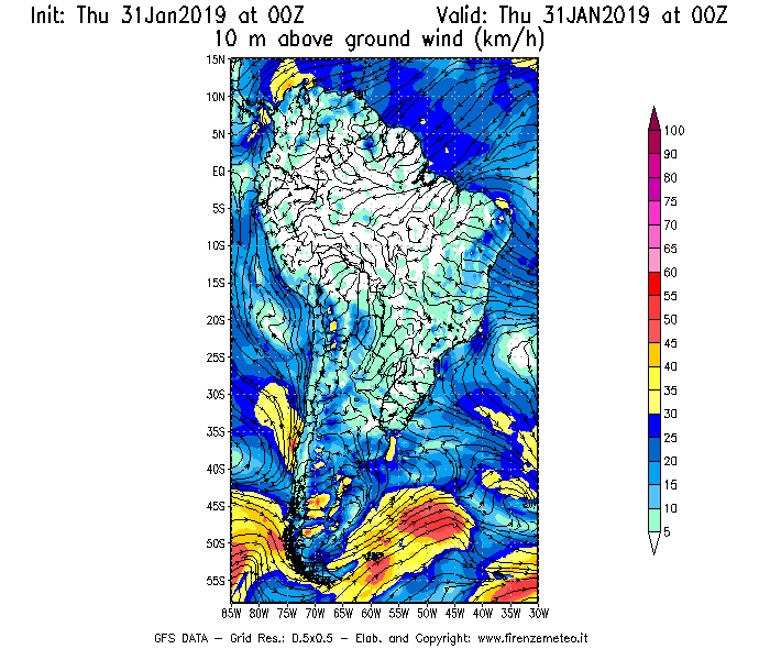 Mappa di analisi GFS - Velocità del vento a 10 metri dal suolo [km/h] in Sud-America
							del 31/01/2019 00 <!--googleoff: index-->UTC<!--googleon: index-->