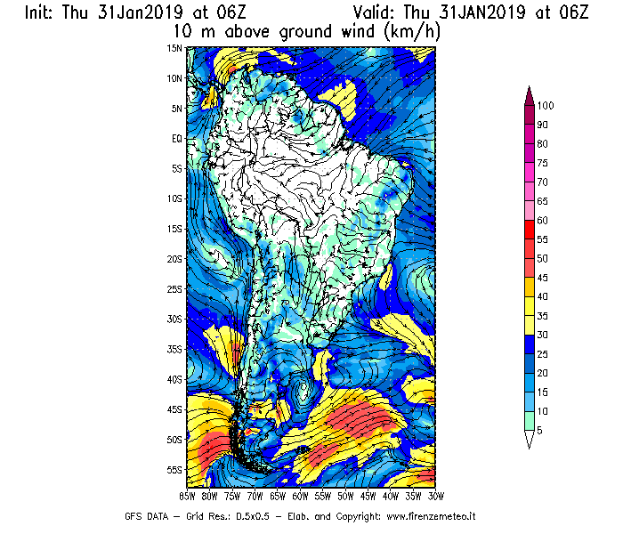 Mappa di analisi GFS - Velocità del vento a 10 metri dal suolo [km/h] in Sud-America
							del 31/01/2019 06 <!--googleoff: index-->UTC<!--googleon: index-->