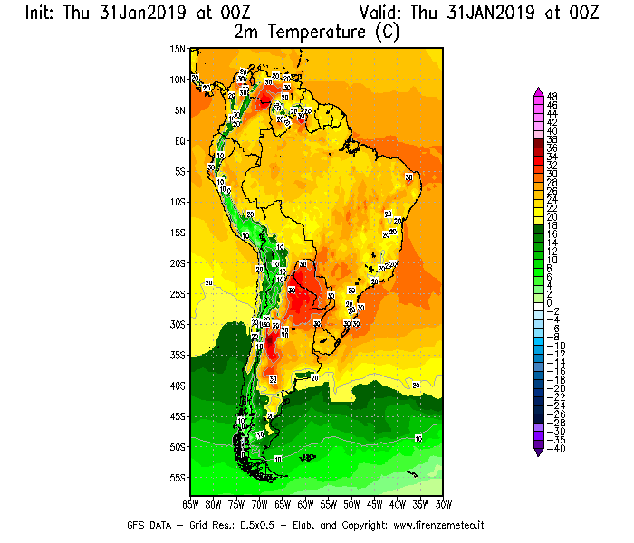 Mappa di analisi GFS - Temperatura a 2 metri dal suolo [°C] in Sud-America
							del 31/01/2019 00 <!--googleoff: index-->UTC<!--googleon: index-->