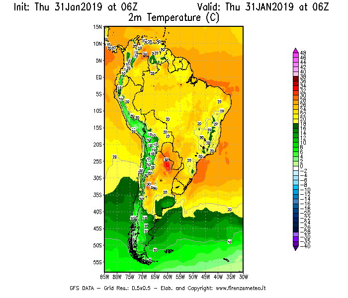 Mappa di analisi GFS - Temperatura a 2 metri dal suolo [°C] in Sud-America
							del 31/01/2019 06 <!--googleoff: index-->UTC<!--googleon: index-->
