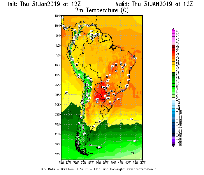 Mappa di analisi GFS - Temperatura a 2 metri dal suolo [°C] in Sud-America
							del 31/01/2019 12 <!--googleoff: index-->UTC<!--googleon: index-->