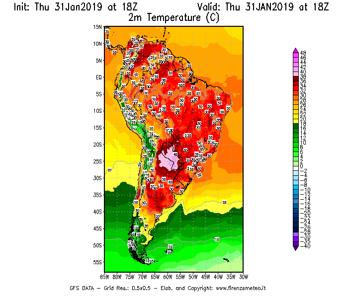 Mappa di analisi GFS - Temperatura a 2 metri dal suolo [°C] in Sud-America
							del 31/01/2019 18 <!--googleoff: index-->UTC<!--googleon: index-->