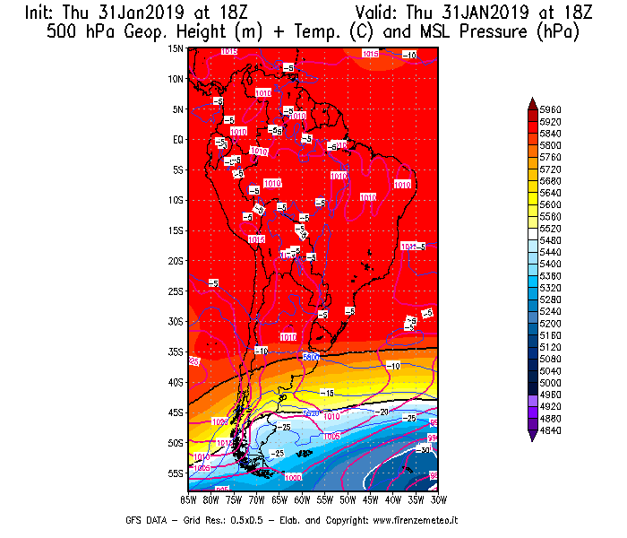 Mappa di analisi GFS - Geopotenziale [m] + Temp. [°C] a 500 hPa + Press. a livello del mare [hPa] in Sud-America
							del 31/01/2019 18 <!--googleoff: index-->UTC<!--googleon: index-->