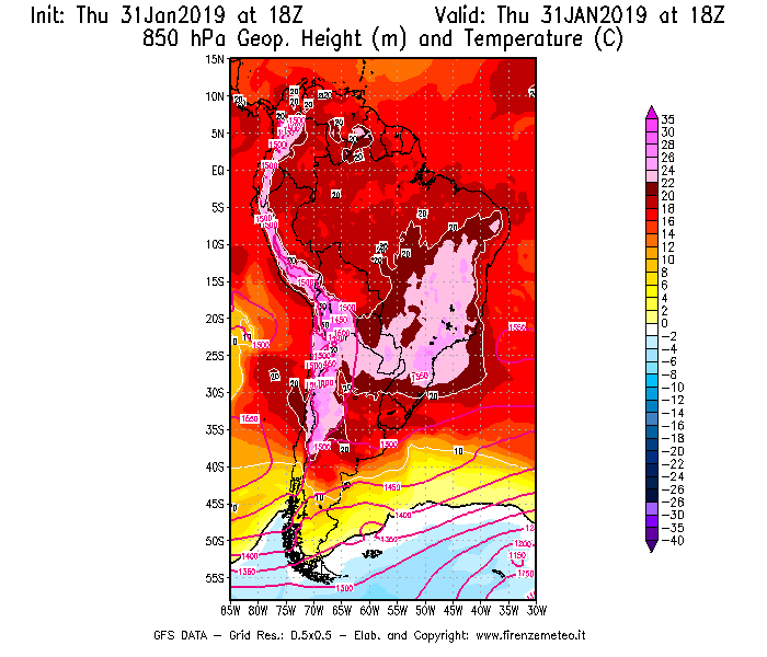 Mappa di analisi GFS - Geopotenziale [m] e Temperatura [°C] a 850 hPa in Sud-America
							del 31/01/2019 18 <!--googleoff: index-->UTC<!--googleon: index-->