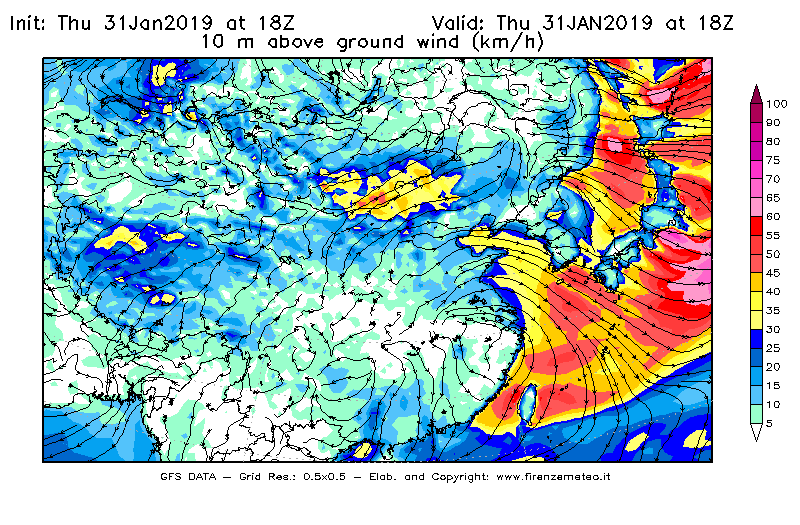 Mappa di analisi GFS - Velocità del vento a 10 metri dal suolo [km/h] in Asia Orientale
							del 31/01/2019 18 <!--googleoff: index-->UTC<!--googleon: index-->