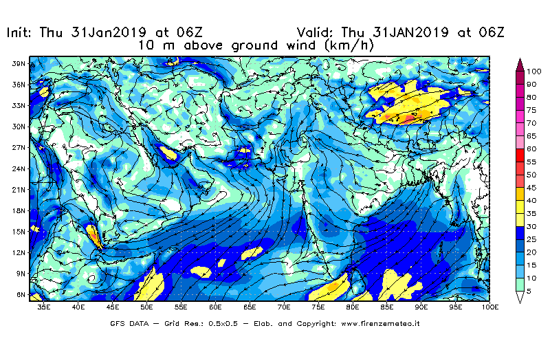 Mappa di analisi GFS - Velocità del vento a 10 metri dal suolo [km/h] in Asia Sud-Occidentale
							del 31/01/2019 06 <!--googleoff: index-->UTC<!--googleon: index-->