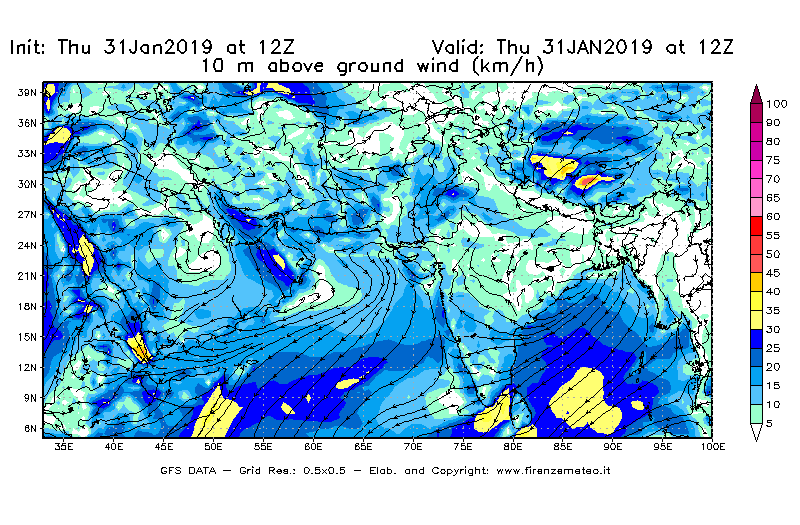 Mappa di analisi GFS - Velocità del vento a 10 metri dal suolo [km/h] in Asia Sud-Occidentale
							del 31/01/2019 12 <!--googleoff: index-->UTC<!--googleon: index-->