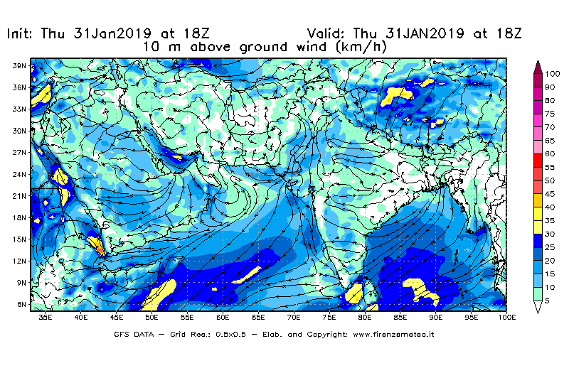Mappa di analisi GFS - Velocità del vento a 10 metri dal suolo [km/h] in Asia Sud-Occidentale
							del 31/01/2019 18 <!--googleoff: index-->UTC<!--googleon: index-->