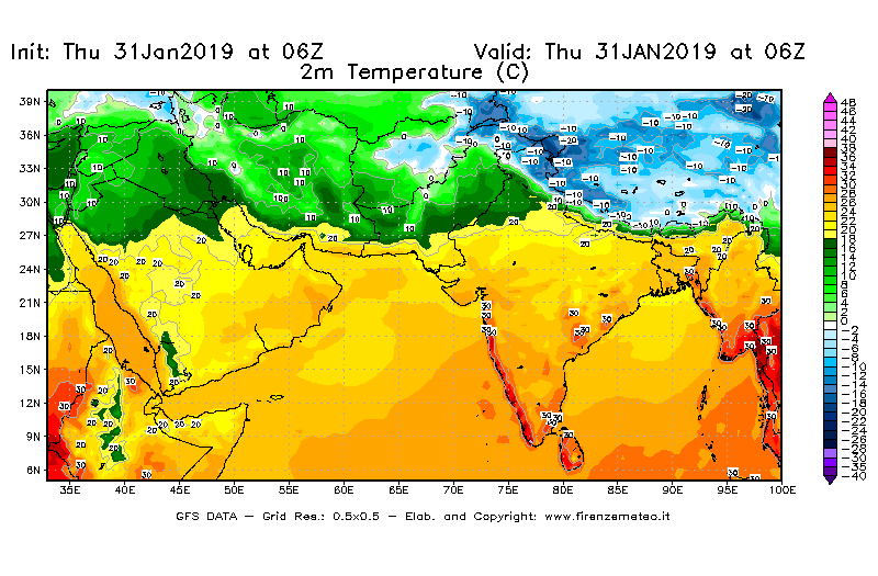 Mappa di analisi GFS - Temperatura a 2 metri dal suolo [°C] in Asia Sud-Occidentale
							del 31/01/2019 06 <!--googleoff: index-->UTC<!--googleon: index-->