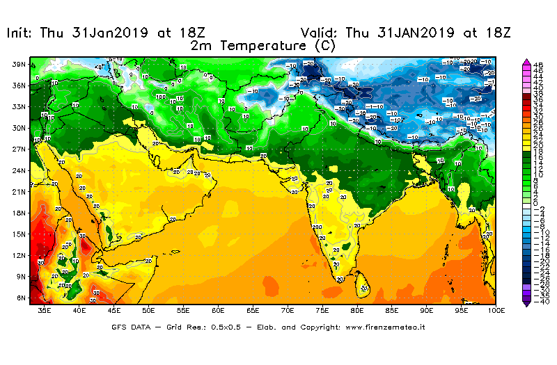 Mappa di analisi GFS - Temperatura a 2 metri dal suolo [°C] in Asia Sud-Occidentale
							del 31/01/2019 18 <!--googleoff: index-->UTC<!--googleon: index-->