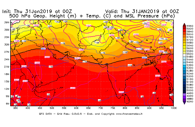 Mappa di analisi GFS - Geopotenziale [m] + Temp. [°C] a 500 hPa + Press. a livello del mare [hPa] in Asia Sud-Occidentale
							del 31/01/2019 00 <!--googleoff: index-->UTC<!--googleon: index-->