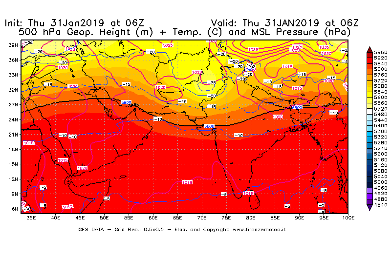 Mappa di analisi GFS - Geopotenziale [m] + Temp. [°C] a 500 hPa + Press. a livello del mare [hPa] in Asia Sud-Occidentale
							del 31/01/2019 06 <!--googleoff: index-->UTC<!--googleon: index-->