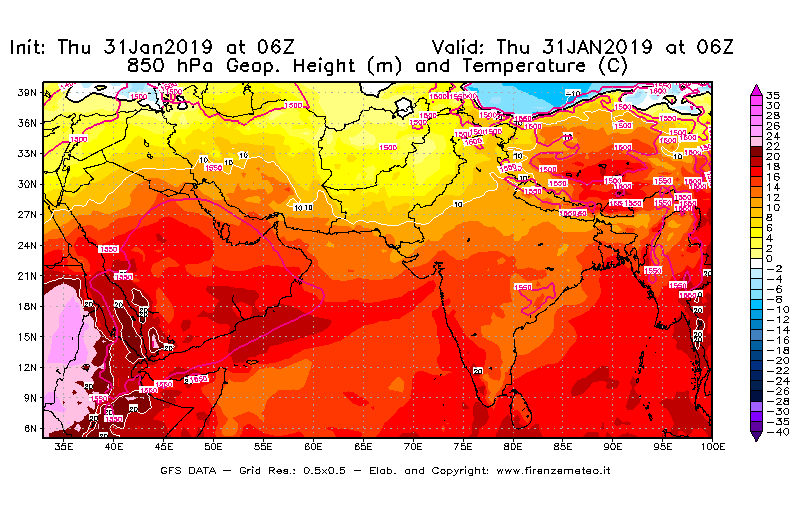 Mappa di analisi GFS - Geopotenziale [m] e Temperatura [°C] a 850 hPa in Asia Sud-Occidentale
							del 31/01/2019 06 <!--googleoff: index-->UTC<!--googleon: index-->