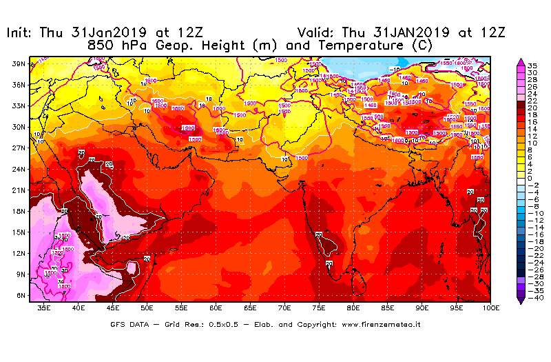 Mappa di analisi GFS - Geopotenziale [m] e Temperatura [°C] a 850 hPa in Asia Sud-Occidentale
							del 31/01/2019 12 <!--googleoff: index-->UTC<!--googleon: index-->