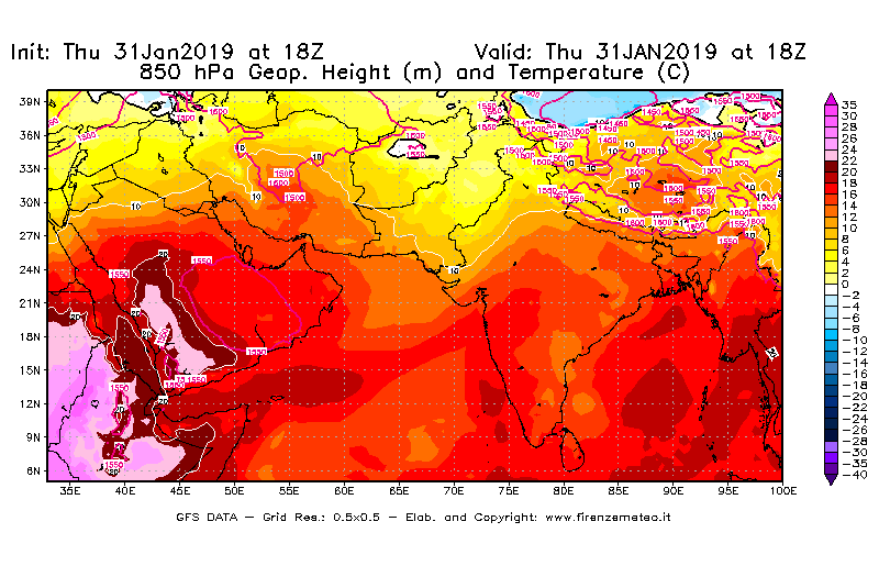 Mappa di analisi GFS - Geopotenziale [m] e Temperatura [°C] a 850 hPa in Asia Sud-Occidentale
							del 31/01/2019 18 <!--googleoff: index-->UTC<!--googleon: index-->