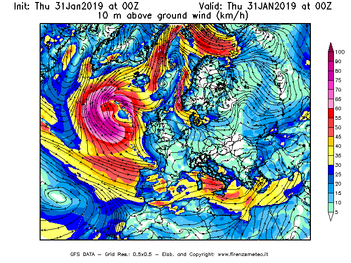 Mappa di analisi GFS - Velocità del vento a 10 metri dal suolo [km/h] in Europa
							del 31/01/2019 00 <!--googleoff: index-->UTC<!--googleon: index-->
