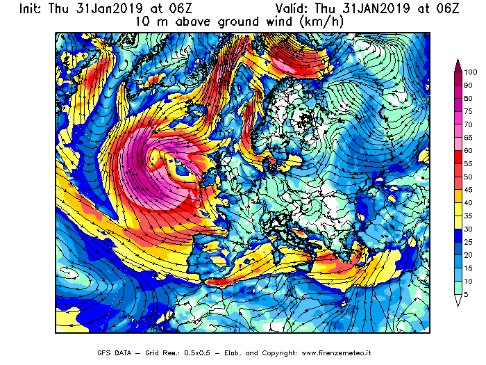 Mappa di analisi GFS - Velocità del vento a 10 metri dal suolo [km/h] in Europa
							del 31/01/2019 06 <!--googleoff: index-->UTC<!--googleon: index-->