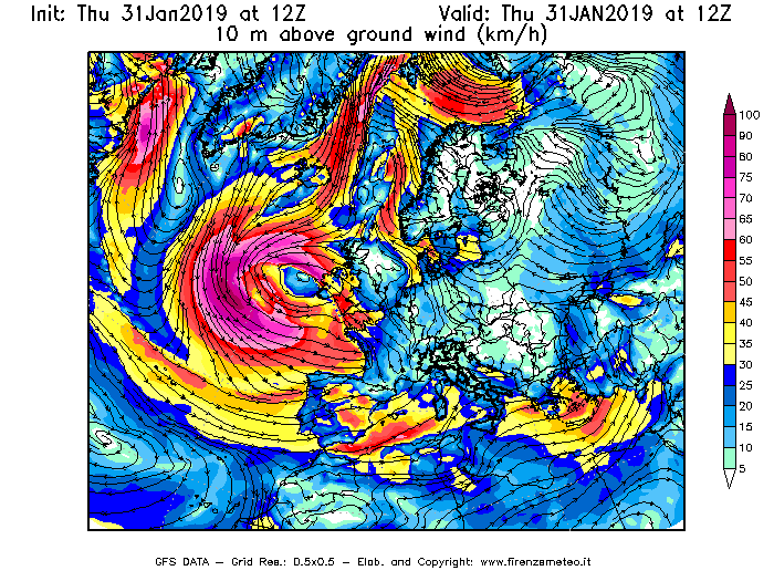 Mappa di analisi GFS - Velocità del vento a 10 metri dal suolo [km/h] in Europa
							del 31/01/2019 12 <!--googleoff: index-->UTC<!--googleon: index-->