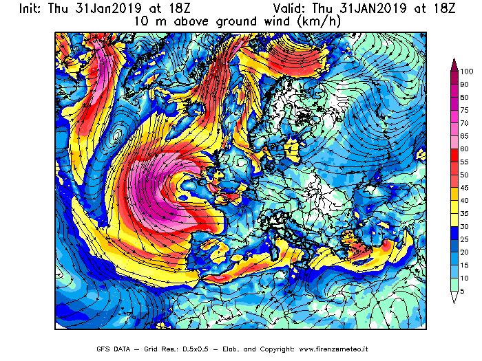 Mappa di analisi GFS - Velocità del vento a 10 metri dal suolo [km/h] in Europa
							del 31/01/2019 18 <!--googleoff: index-->UTC<!--googleon: index-->