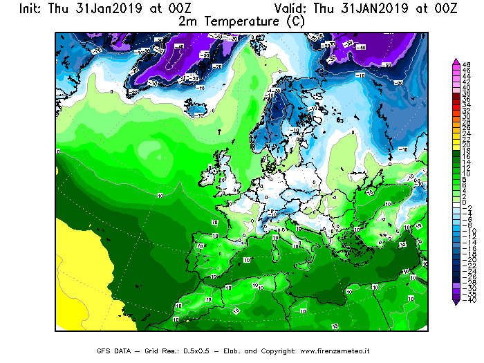 Mappa di analisi GFS - Temperatura a 2 metri dal suolo [°C] in Europa
							del 31/01/2019 00 <!--googleoff: index-->UTC<!--googleon: index-->