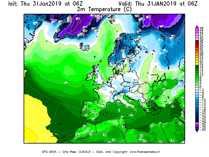 Mappa di analisi GFS - Temperatura a 2 metri dal suolo [°C] in Europa
							del 31/01/2019 06 <!--googleoff: index-->UTC<!--googleon: index-->
