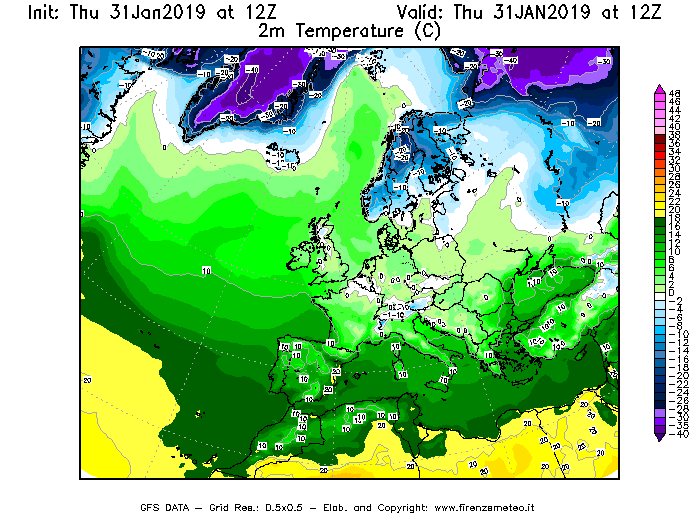 Mappa di analisi GFS - Temperatura a 2 metri dal suolo [°C] in Europa
							del 31/01/2019 12 <!--googleoff: index-->UTC<!--googleon: index-->