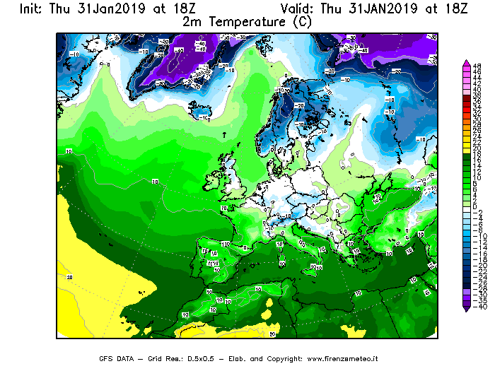 Mappa di analisi GFS - Temperatura a 2 metri dal suolo [°C] in Europa
							del 31/01/2019 18 <!--googleoff: index-->UTC<!--googleon: index-->