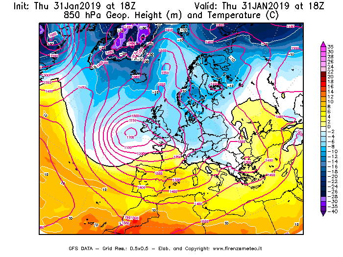 Mappa di analisi GFS - Geopotenziale [m] e Temperatura [°C] a 850 hPa in Europa
							del 31/01/2019 18 <!--googleoff: index-->UTC<!--googleon: index-->