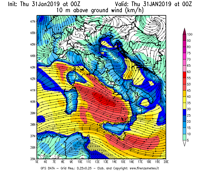Mappa di analisi GFS - Velocità del vento a 10 metri dal suolo [km/h] in Italia
							del 31/01/2019 00 <!--googleoff: index-->UTC<!--googleon: index-->