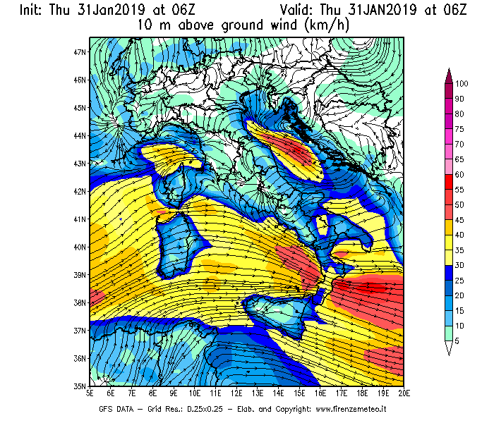 Mappa di analisi GFS - Velocità del vento a 10 metri dal suolo [km/h] in Italia
							del 31/01/2019 06 <!--googleoff: index-->UTC<!--googleon: index-->