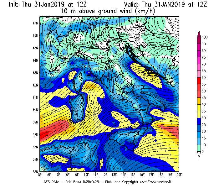 Mappa di analisi GFS - Velocità del vento a 10 metri dal suolo [km/h] in Italia
							del 31/01/2019 12 <!--googleoff: index-->UTC<!--googleon: index-->