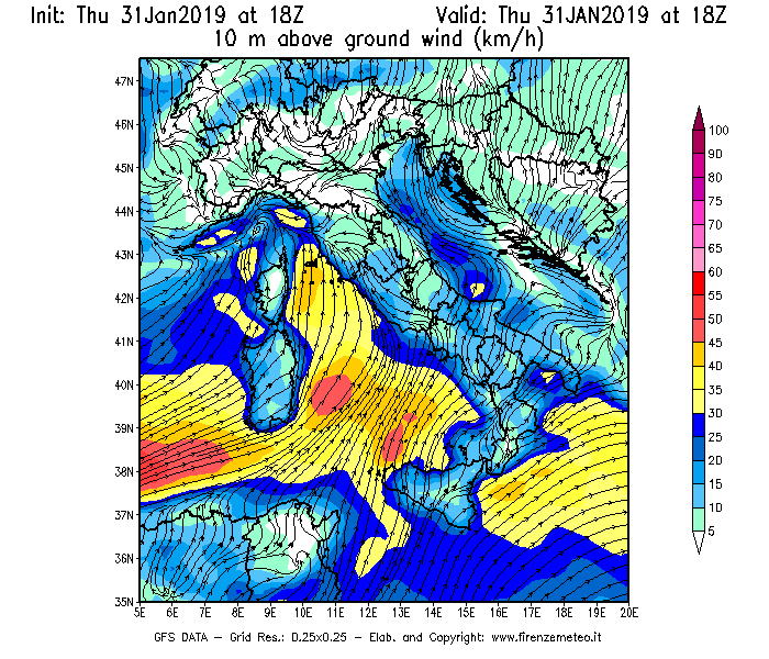 Mappa di analisi GFS - Velocità del vento a 10 metri dal suolo [km/h] in Italia
							del 31/01/2019 18 <!--googleoff: index-->UTC<!--googleon: index-->
