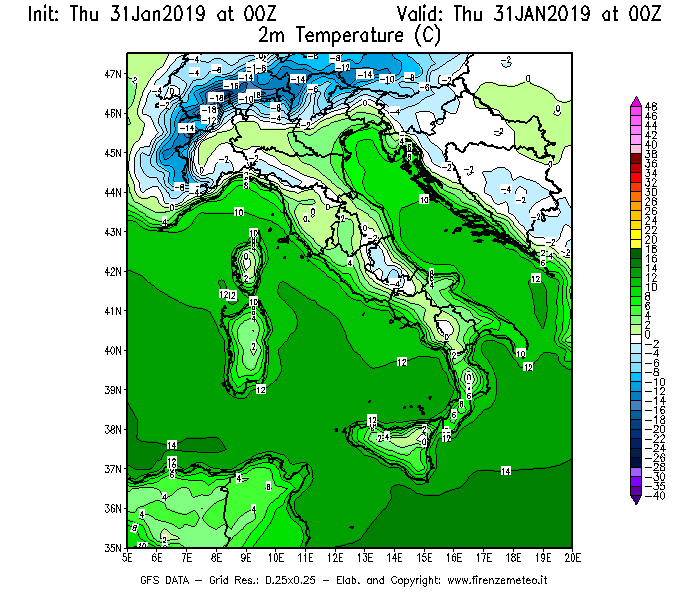 Mappa di analisi GFS - Temperatura a 2 metri dal suolo [°C] in Italia
							del 31/01/2019 00 <!--googleoff: index-->UTC<!--googleon: index-->