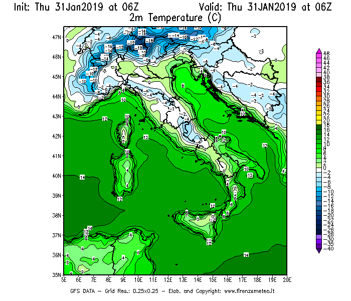 Mappa di analisi GFS - Temperatura a 2 metri dal suolo [°C] in Italia
							del 31/01/2019 06 <!--googleoff: index-->UTC<!--googleon: index-->
