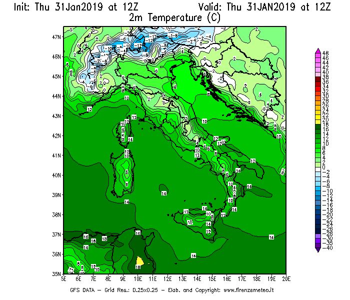 Mappa di analisi GFS - Temperatura a 2 metri dal suolo [°C] in Italia
							del 31/01/2019 12 <!--googleoff: index-->UTC<!--googleon: index-->