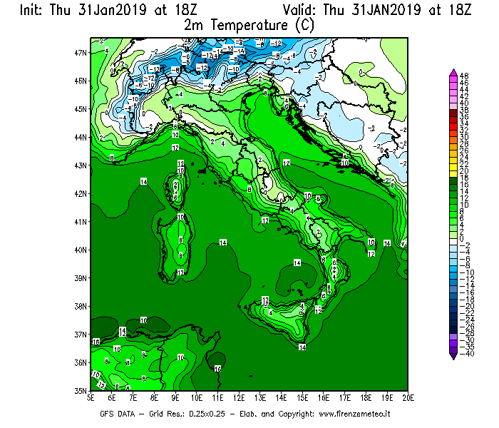 Mappa di analisi GFS - Temperatura a 2 metri dal suolo [°C] in Italia
							del 31/01/2019 18 <!--googleoff: index-->UTC<!--googleon: index-->