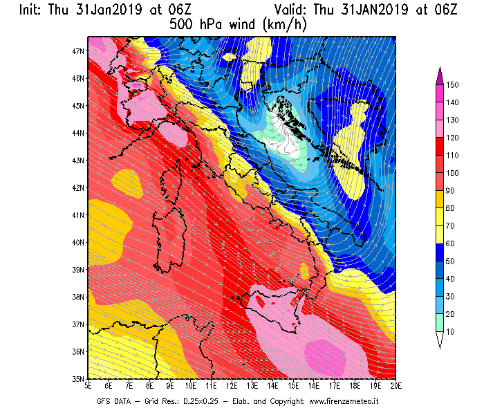 Mappa di analisi GFS - Velocità del vento a 500 hPa [km/h] in Italia
							del 31/01/2019 06 <!--googleoff: index-->UTC<!--googleon: index-->