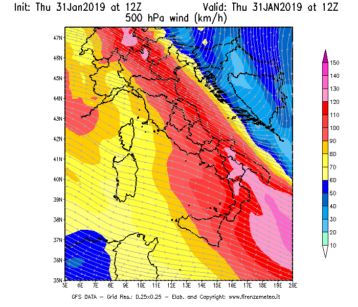Mappa di analisi GFS - Velocità del vento a 500 hPa [km/h] in Italia
							del 31/01/2019 12 <!--googleoff: index-->UTC<!--googleon: index-->