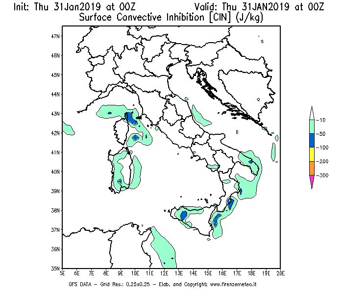 Mappa di analisi GFS - CIN [J/kg] in Italia
							del 31/01/2019 00 <!--googleoff: index-->UTC<!--googleon: index-->