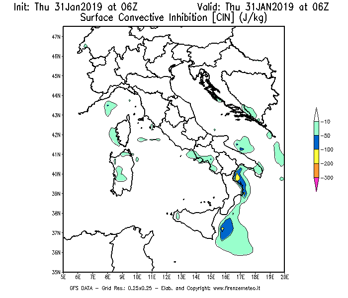Mappa di analisi GFS - CIN [J/kg] in Italia
							del 31/01/2019 06 <!--googleoff: index-->UTC<!--googleon: index-->
