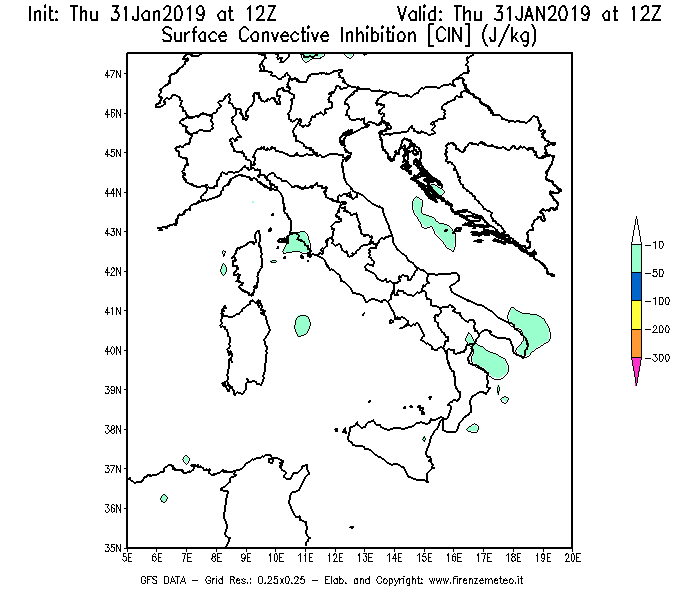 Mappa di analisi GFS - CIN [J/kg] in Italia
							del 31/01/2019 12 <!--googleoff: index-->UTC<!--googleon: index-->