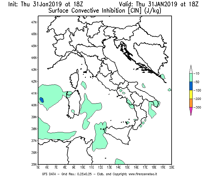 Mappa di analisi GFS - CIN [J/kg] in Italia
							del 31/01/2019 18 <!--googleoff: index-->UTC<!--googleon: index-->