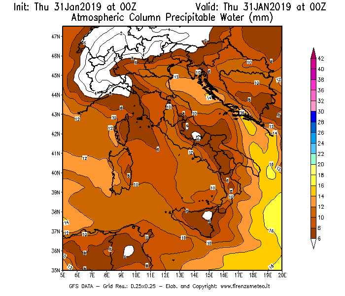 Mappa di analisi GFS - Precipitable Water [mm] in Italia
							del 31/01/2019 00 <!--googleoff: index-->UTC<!--googleon: index-->