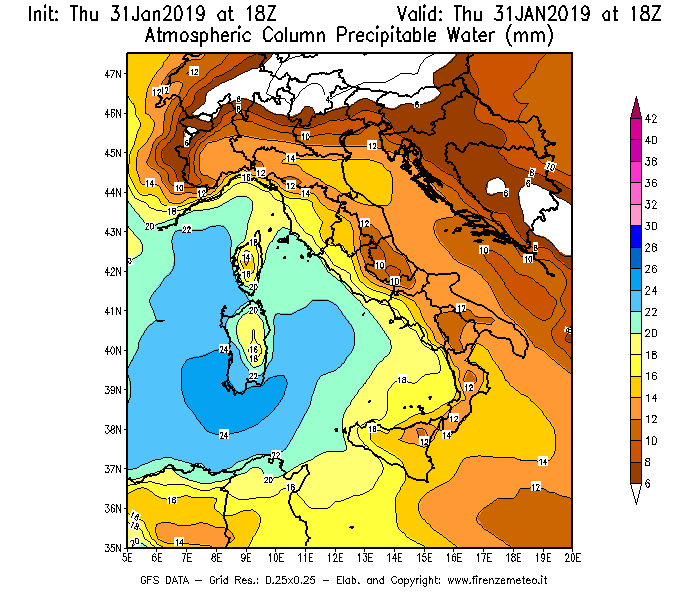 Mappa di analisi GFS - Precipitable Water [mm] in Italia
							del 31/01/2019 18 <!--googleoff: index-->UTC<!--googleon: index-->