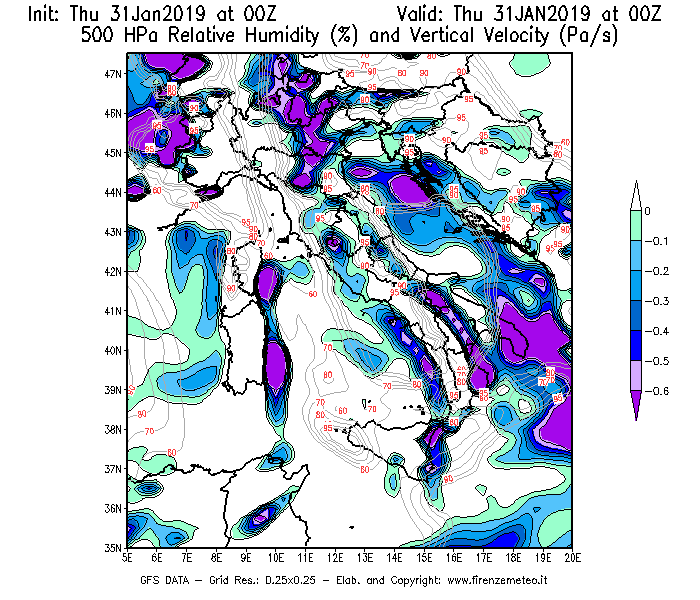Mappa di analisi GFS - Umidità relativa [%] e Omega [Pa/s] a 500 hPa in Italia
							del 31/01/2019 00 <!--googleoff: index-->UTC<!--googleon: index-->