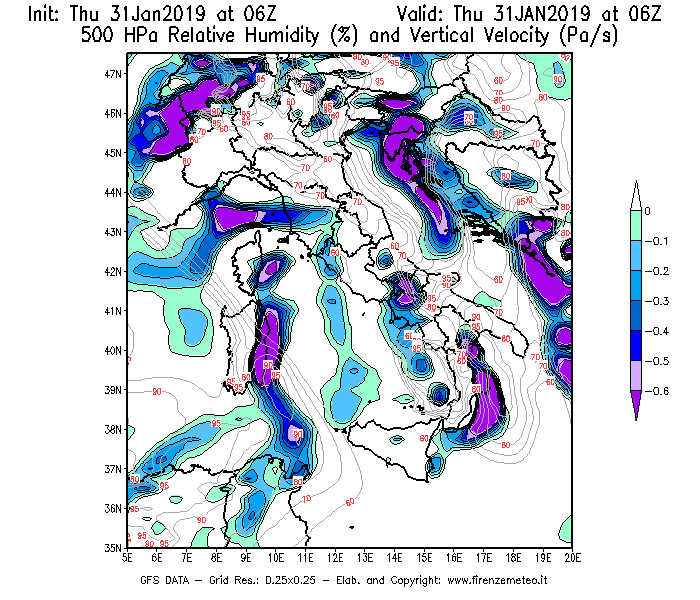 Mappa di analisi GFS - Umidità relativa [%] e Omega [Pa/s] a 500 hPa in Italia
							del 31/01/2019 06 <!--googleoff: index-->UTC<!--googleon: index-->