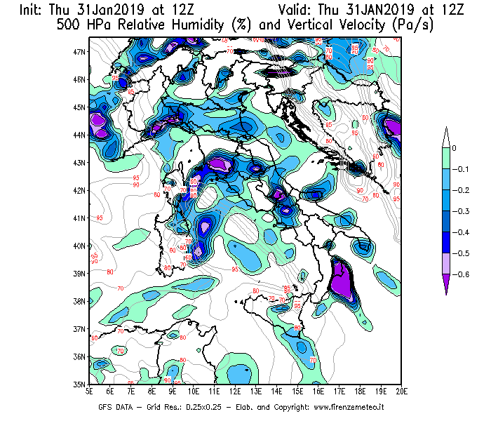 Mappa di analisi GFS - Umidità relativa [%] e Omega [Pa/s] a 500 hPa in Italia
							del 31/01/2019 12 <!--googleoff: index-->UTC<!--googleon: index-->