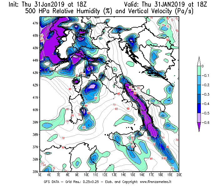 Mappa di analisi GFS - Umidità relativa [%] e Omega [Pa/s] a 500 hPa in Italia
							del 31/01/2019 18 <!--googleoff: index-->UTC<!--googleon: index-->